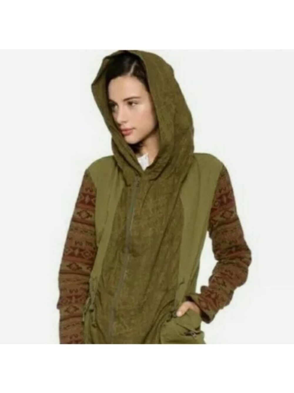 Free People Pieced Parka Green Army Jacket Coat sz S Aztec Anorak
